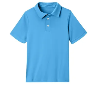 Front view of a light blue short-sleeved children's polo shirt with a classic collar design