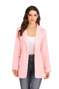 Elegant pink solid color blazer jacket with lapel and pockets on white background