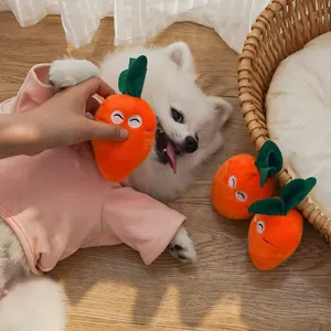 Close-up of cute carrot plush squeaky toys for pets in a cozy home setting with a dog