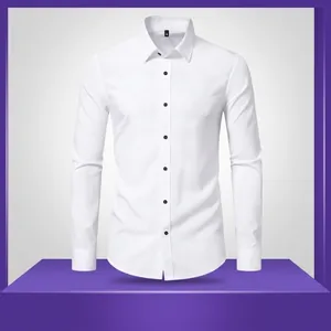 Men Business Casual Long Sleeve Shirt Slim Fit Four Way Stretch Lapel Button Down Dress Shirt Solid Color Office Work Shirt