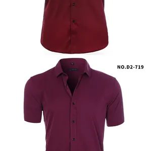 Detailed view of men's short-sleeved stretch shirts in wine red and purple colors.
