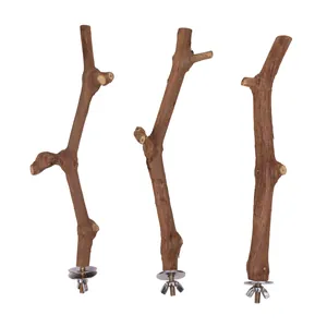 Natural wood bird perch set of 3 with metal wing nuts and mounting screws for cages