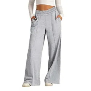 Comfortable gray wide-leg lounge pants for women, casual baggy sweatpants with pockets