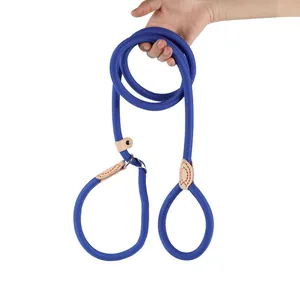 Close-up detail of the thick blue braided dog leash with premium leather accents