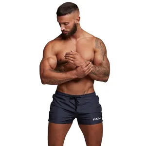 Professional detail of EHCM navy blue mesh athletic shorts for men with elastic drawstring waist