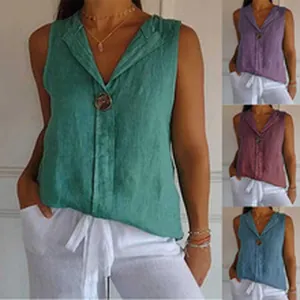 Detailweergave van mouwloze V-hals tops met knoop in diverse zomerse effen kleuren