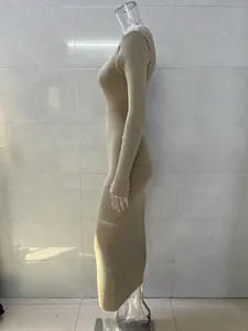 Long-sleeved beige ribbed knit bodycon sweater dress for women shown from side