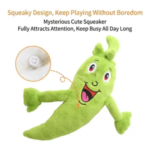 Squeaky green chili pepper plush dog toy with funny cartoon face and durable molar design