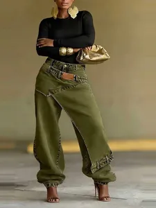 Pantalon en jean vert déconstruit élégant avec design superposé asymétrique femme