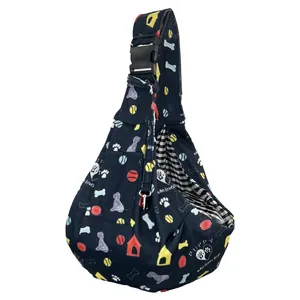 Adjustable navy blue pet carrier sling bag for cats and small dogs with puppy pattern