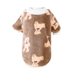 Cozy brown fleece dog sweater featuring cute cartoon bear patterns and white ribbed collar
