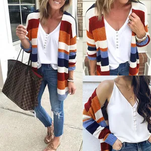 Cárdigan de punto a rayas multicolores para mujer con bloques de colores vivos