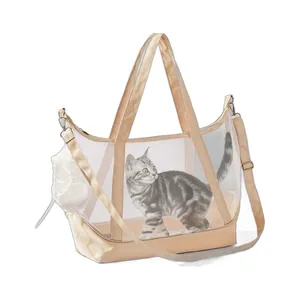 Breathable mesh cat carrier bag in beige for comfortable pet travel and transport.
