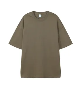 Detailed flat lay view of a heavyweight olive green oversized t-shirt with drop shoulders.