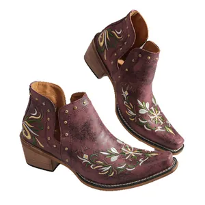 Vintage ethnic style embroidered western ankle boots for women with floral patterns and stud details