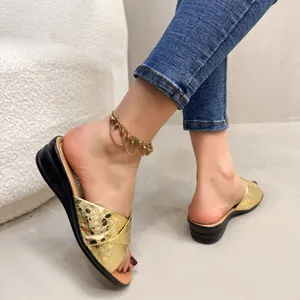 Elegant gold textured wedge slippers for women summer casual fashion detail view