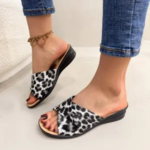 Stylish leopard print wedge sandals for women with cross-strap design