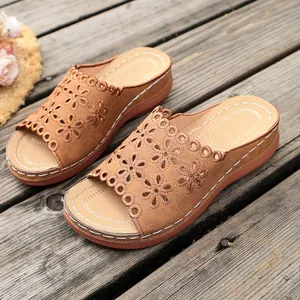 Elegant brown wedge slides for women featuring intricate hollow floral patterns and platform soles