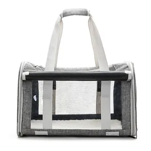 Front view of grey foldable pet carrier with breathable mesh window and soft lining