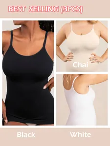 Detailed view of a three-piece set of seamless slimming camisoles in black, white, and beige