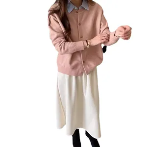 Elegante cardigan in maglia rosa con finto colletto a righe in stile coreano