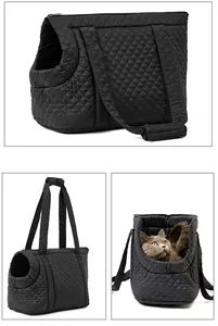 Multi-angle views of a stylish black quilted cotton pet carrier bag with a cat