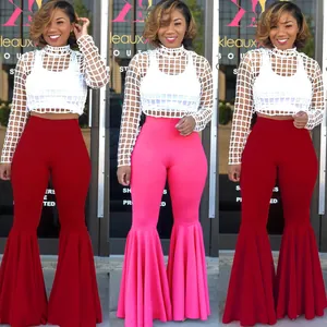 Pantalones de campana sexys de talle alto con dobladillo de volantes en rojo y rosa.