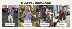Women's denim vest styles shown in music festival, outdoor, and casual settings
