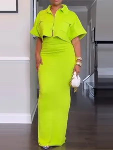 Conjunto de Mujer Elegante Color Sólido Arriba Y Abajo Verano Chaqueta Corta Manga Corta Y Falda Larga de Cintura Alta
