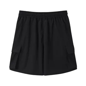 Back view of black quick-dry cargo shorts with elastic waist and side pockets