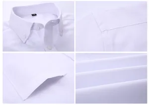 Detail shots of white Oxford short sleeve shirt showing collar, pocket, and fabric texture
