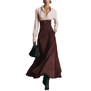 Elegante abito lungo a linea A a vita alta con parte superiore a camicia per donna