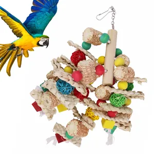 Durable large parrot chewing toy with natural corncobs and colorful rattan balls