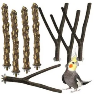 Natural wood bird perch set with Y-shaped branches and straight sticks for cages