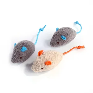 Detailed view of three soft plush catnip mouse toys for cats in grey and beige colors