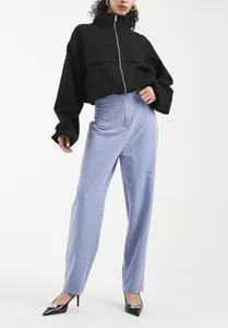 Detailed view of women's lilac high-waisted wide-leg trousers for office and casual wear