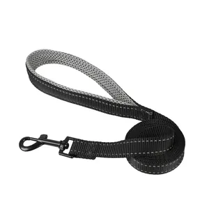 Durable black dog leash with reflective stitching and soft padded mesh handle detail