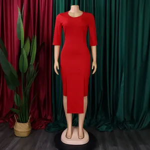Elegant red bodycon dress with elbow sleeves and stylish front slit design