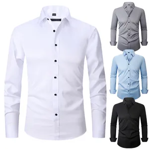 Men's Business Long Sleeve Shirt Solid Color Slim Fit Casual Button Down Work Top For Autumn Spring Regular Thickness