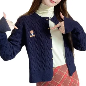 Navy blue cable knit cardigan with bear embroidery and gold buttons preppy style