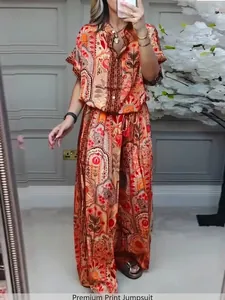 Summer bohemian print two-piece set with short sleeve top and wide leg pants floral