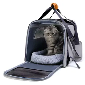 Grey foldable breathable mesh pet carrier bag for small cats and dogs travel use
