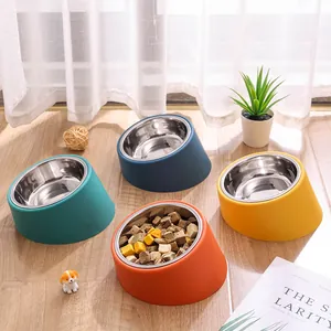 Set of colorful stainless steel tilted pet bowls for dogs and cats with neck protection