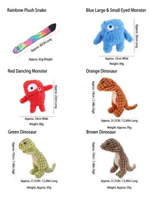 Detailed size and weight specifications for various plush dog toys like monsters and dinosaurs