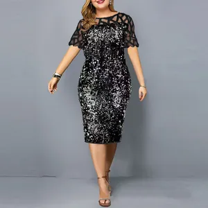 Elegant black sequin party dress featuring mesh patchwork sleeves and slim fit midi length