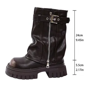 Detail of brown leather motorcycle boots showing shaft and heel height measurements.