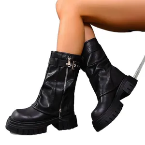 Genuine leather square toe platform Martin boots with slouchy design and side zipper