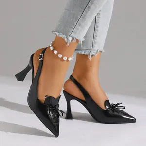 Women Pointed Toe Slingback Stiletto Heels Sandals French Style Bow Microfiber High Heeled Shoes For Party Dating
