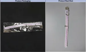 Detailed comparison between the gradient purple cat collar product and its retail packaging.