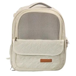 Mochila transportadora acolchada crema transpirable para perros pequeños y gatos.